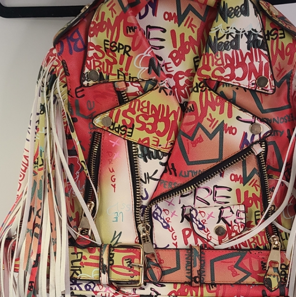 Orange and white multicolored biker graffiti fringe top handle backpack size M/L - Picture 4 of 7